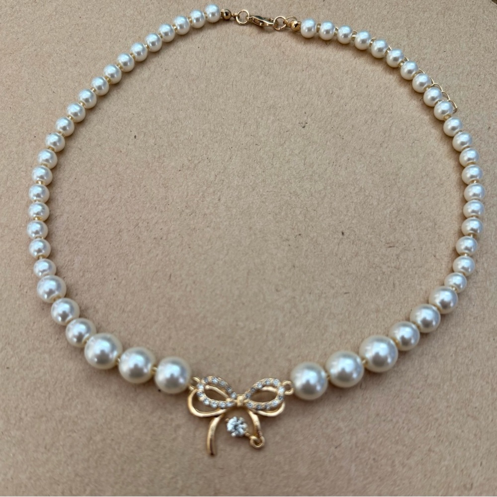 Elegant Pearl Necklace with Gold Bow Rhinestone Crystal Accent NEW